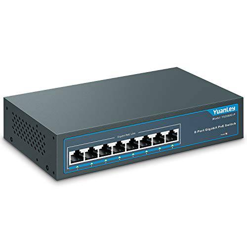 YuanLey 8 Port 기가비트 PoESwitch, 8 PoE+ Ports 1000Mbps, 120W 802.3af/ at, 메탈 팬리스 Unmanaged Plug and Play