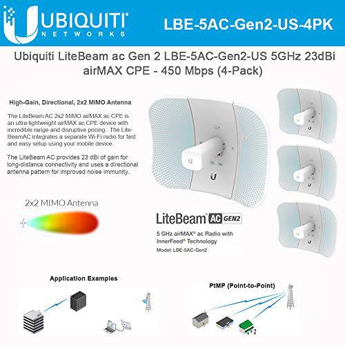 LiteBeam ac Gen 2 LBE-5AC-Gen2-US 2X2 MIMO airMAX CPE 5GHz - 23dBi - 450 Mbps (4-Pack)