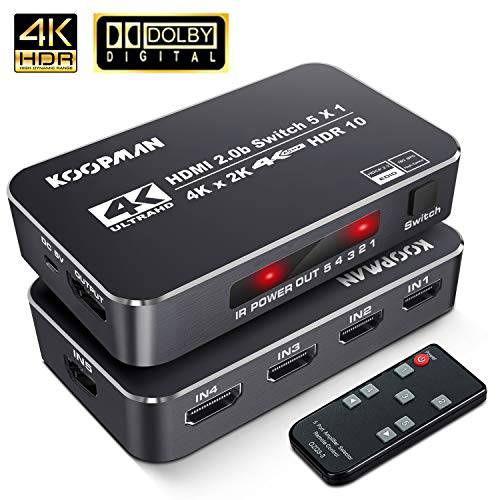 4K HDR HDMI Switch, Koopman 5 Ports 4K 60Hz HDMI 2.0 변환기 셀렉터 with IR Remote, support 울트라 HD Dolby Vision,  고속 (Max to 18.5Gbps), HDR10, HDCP 2.2& 3D