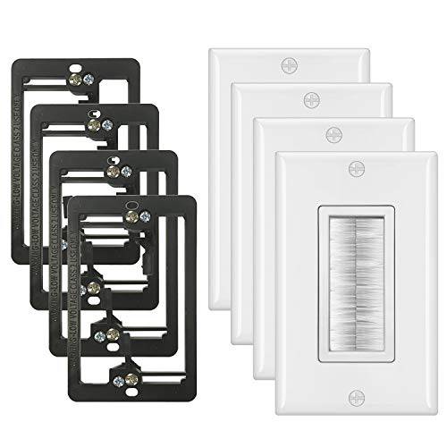 [4 Pack] BESTTEN 1-Gang 브러쉬 벽면 Plate with Old Work 작은 전압,볼트 마운팅 Bracket, CablePassthrough for 스피커 Wire, 동축, Coaxial,COAX 케이블, HDMI/ HDTV 케이블, Network/ 폰 케이블, White