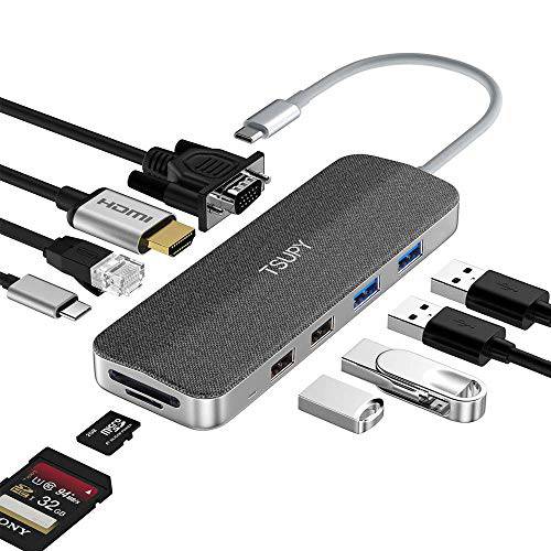 TSUPY 10 인 1 Type C 변환기 허브 to 4K HDMI 1080P VGA, 1Gbps Ethernet, PD 고속 Charging, SD/ TF 카드 Reader, 4 USB Ports for 맥북 Pro, 서피스 Go, Samsung, 화웨이 앤 More Type C 디바이스