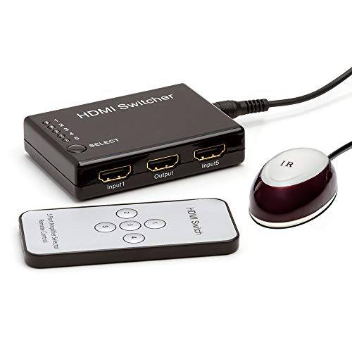 Cmple 5-Port 고속 HDMI Switch 5-in-1 Out (5x1), 3D, 풀 HD 1080p with Remote, IR 연장 리시버&  힘 변환기