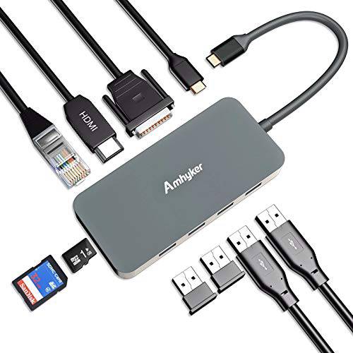 Amhyker USB Hub, USB C 변환기, Type C USB 변환기 10 인 1 울트라 슬림 알루미늄 기가비트 Ethernet, Type C 2 USB 3.0 Ports, 2 USB 2.0 Ports, 4K HDMI, VGA, SD/ TF 카드 리더,리더기 맥북 프로 기타 USB C 디바이스