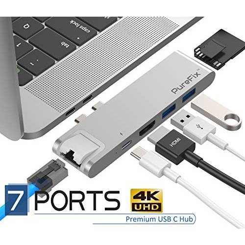 PureFix USB C 허브 Adapter, 7-in-2 연장 with 기가비트 Ethernet, 4K HDMI, Type- C 100W PD& 40Gbps, 2 USB-A 3.0,  SD& 미니 SD/ TF 카드 리더,리더기 for 2016-2020 맥북 프로 13’ 15’ 16’& 2020 맥북 에어