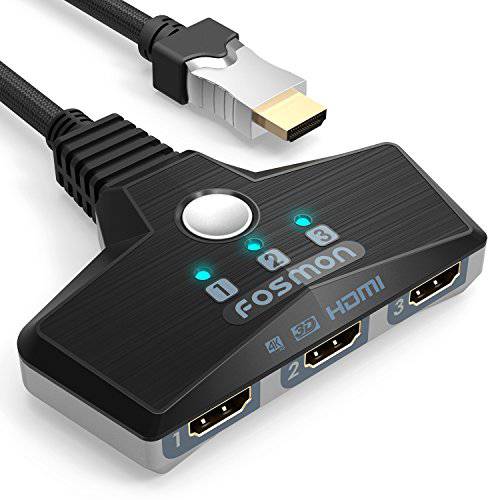 Fosmon 3-Port HDMI Switch, HDR, HDMI 2.0, HDCP 2.2, 4K@60HZ 1080p (Automatic 변환 Nylon Braided 피그테일 케이블) 벽면 장착가능 변환기 분배 with 3 팩 듀러블 HDMI 케이블 6FT