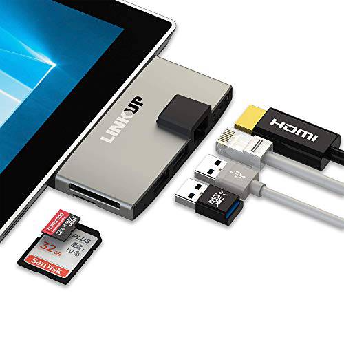 LINKUP - 표면 프로 4 호환가능한 SD카드 미니 메모리 리더,리더기 변환기 허브 | 6-in-1 탈부착 스테이션 | 4K HDMI 기가비트 랜포트 SD/ 미니 SD 카드 Slots, 2X USB-A 3.0 포트 | Designed for MS 표면 프로 4
