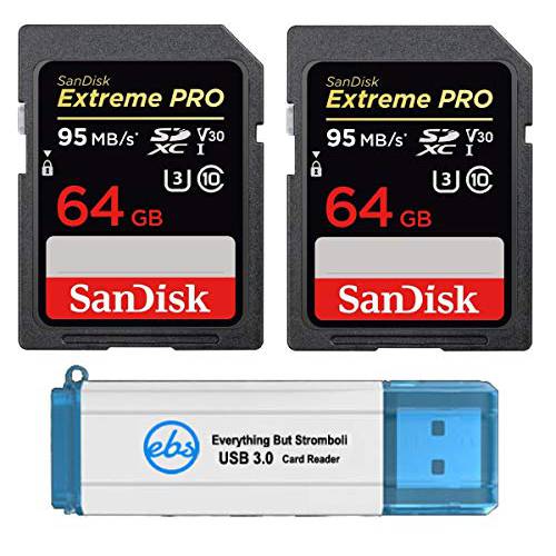 SanDisk 64GB SDXC SD Extreme 프로 메모리 카드 (Two Pack) 번들,묶음 works with Nikon D3500, D7500, D5600 디지털 DSLR 카메라 4K V30 U3 (SDSDXXY-064G-GN4IN) 플러스 (1) Everything But Stromboli (TM) 3.0 리더,리더기