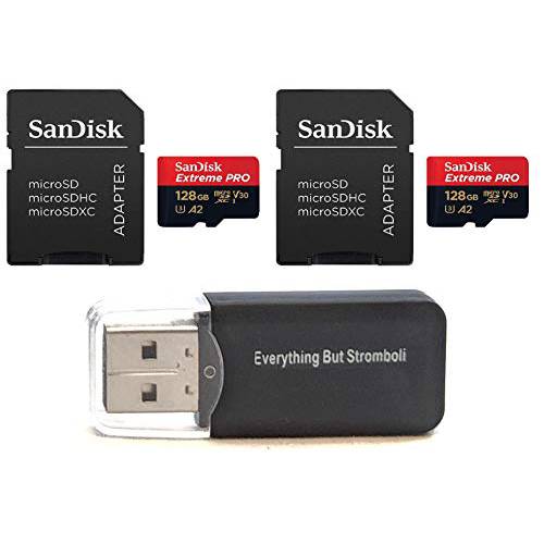 SanDisk 128GB 미니 SDXC Extreme 프로 메모리 카드 (Two Pack) Works with 고프로 히어로 7 Black, Silver, Hero7 White UHS-1 U3 A2 번들,묶음 with (1) Everything But Stromboli 미니 카드 리더,리더기