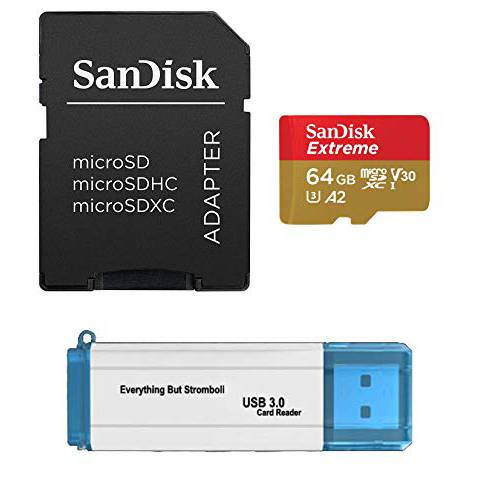SanDisk 64GB 메모리 카드 Works with 고프로 히어로 2018, 히어로 6, Fusion, 히어로 5, Karma Drone, 히어로 4, Session, 히어로 3, 3+ Extreme U3 A2 미니 SDXC 번들,묶음 with (1) Everything But Stromboli 3.0 카드 리더,리더기