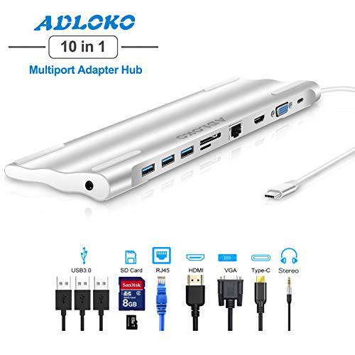 ADLOKO 10 인 1 USB C Hub, 4K HDMI, VGA, SD/ TF 카드 Reader, RJ45 Ethernet, 3X USB3.0 Ports, 3.5mm 오디오 USB C 멀티포트 어댑터