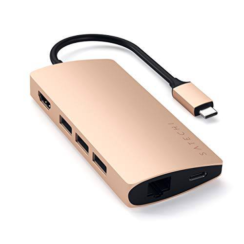 Satechi 알루미늄 Multi-Port 어댑터 V2-4K HDMI (30Hz), 기가비트 Ethernet, USB-C Pass-Through, SD/ Micro 카드 Readers, USB 3.0 - 호환 with 2020 맥북 Pro, 2020/ 2018 맥북 에어 (Gold)