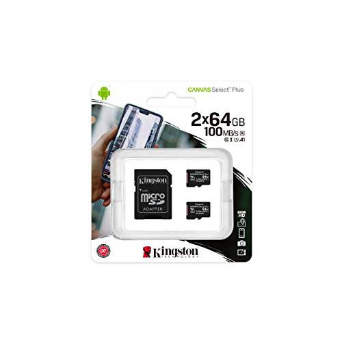 Kingston 64GB microSDHC Canvas 플러스 100MB/ s Read A1 Class 10 UHS-I 2-Pack 메모리 카드+  어댑터 (SDCS2/ 64GB-2P1A)