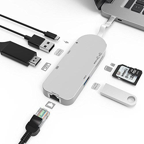 Cllena USB Type C Hub, 7-in-1 USB C 어댑터 Type C 3.1 충전 Portwith 4K HDMI Port, 2 USB 3.0 Ports,  SD&  마이크로 SD 카드 리더,리더기 and RJ45 랜포트 for New MacBook, 구글 Chromebook 2016