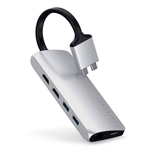 Satechi Type-C 이중 멀티미디어 어댑터 with 이중 4K HDMI, USB-C PD, 기가비트 Ethernet, Micro/ SD 카드 Readers, USB 3.0 - 호환 with 2020 맥북 Pro, 2020 맥북 Air, 2020 맥 미니 (Silver)