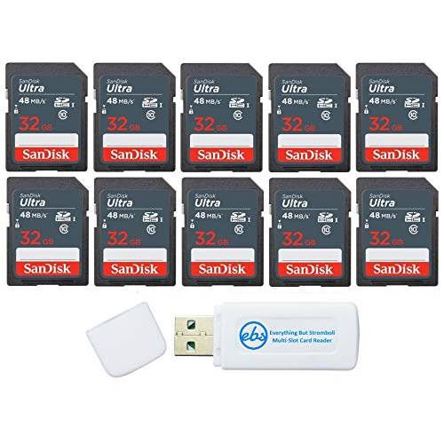 SanDisk 32GB 울트라 SD메모리 카드 (10 Pack) SDHC UHS-I 카드 48 MB/ s Class 10 (SDSDUNB-032G-GN3IN) 번들,묶음 with (1) Everything But Stromboli 극세사 천& SD/ Micro 카드 리더,리더기