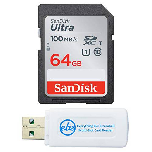 SanDisk 64GB SDXC SD 울트라 메모리 카드 Class 10 Works with 소니 Cyber-Shot DSC-RX100, RX100 III, RX100 IV 카메라 (SDSDUNR-064G-GN6IN) 번들,묶음 with (1) Everything But Stromboli Multi-Slot 카드 리더,리더기