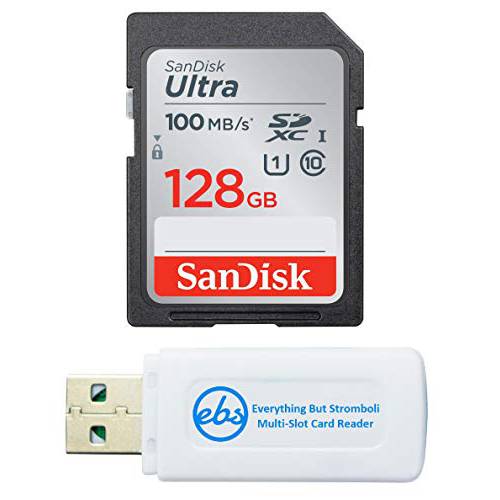 SanDisk 128GB SDXC 울트라 메모리 카드 Works with 파나소닉 루믹스 DC-FZ80, DC-ZS70, DMC-FZ300, DMC-LX10 디지털 카메라 (SDSDUNR-128G-GN6IN) 번들,묶음 with (1) Everything But Stromboli SD 카드 리더,리더기