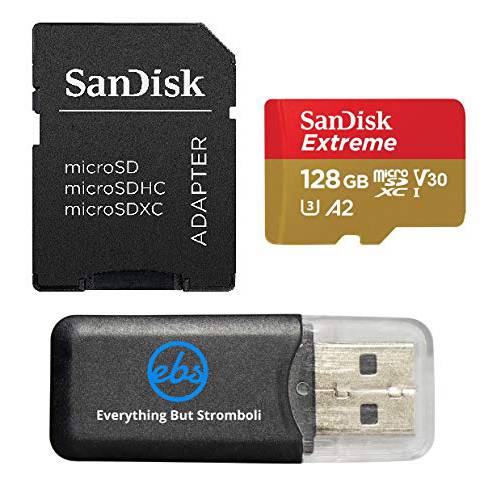 SanDisk 128GB Micro SDXC 메모리 카드 Extreme Works with 고프로 히어로 8 Black, 고프로 Max 360 액션 카메라 U3 V30 4K A2 Class 10 (SDSQXA1-128G-GN6MN) 번들,묶음 with (1) Everything But Stromboli 카드 리더,리더기