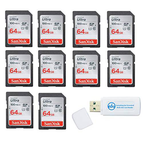 SanDisk 64GB SD 울트라 메모리 카드 10 Pack UHS-I Class 10 (SDSDUNR-064G-GN6IN) 번들,묶음 with (1) Everything But Stromboli Combo 카드 리더,리더기