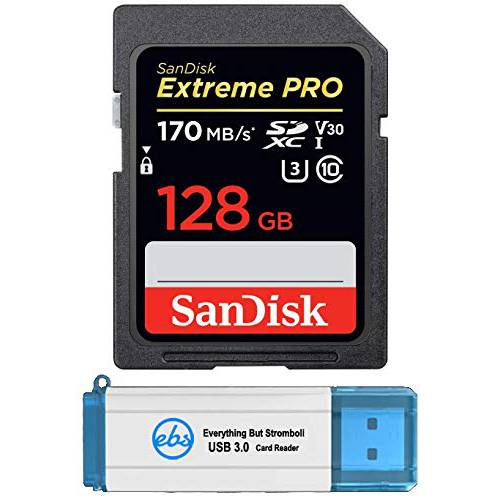 SanDisk 128GB SDXC SDExtreme 프로 메모리 카드 Works with 파나소닉 루믹스 DC-S1H 미러리스 디지털 카메라 (SDSDXXY-128G-GN4IN) 번들,묶음 with (1) Everything But Stromboli 3.0 SD, Micro 카드 리더,리더기