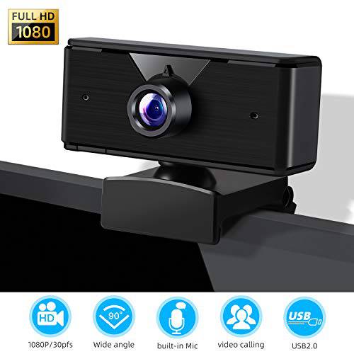 HD 1080P 웹카메라 with Noise 캔슬링 Microphone, USB2.0 컴퓨터 웹 카메라 for 화상 Calling, Conferencing, Selfie, 레코딩 at 30 fps, 90 도 와이드 앵글 렌즈& 360 수동 회전 (Black)