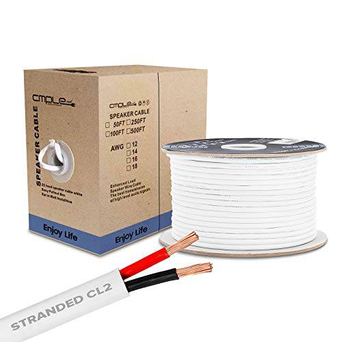 Cmple - 250FT 18AWG 스피커 와이어 케이블 with 2 Conductor 스피커 케이블 (CCA) Copper Clad 알루미늄 CL2 Rated In-Wall 스피커 와이어 가정용 시어터&  자동차 오디오 - 250 Feet, White
