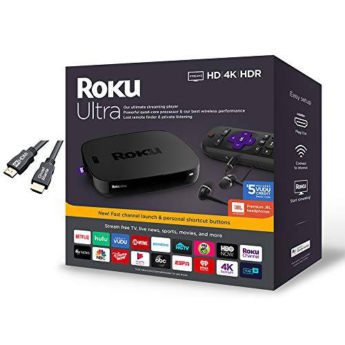 Roku 울트라 스트리밍미디어플레이어, 셋탑박스, 셋톱박스 4K/ HD/ HDR 고급 JBL 헤드폰,헤드셋 w/ Ghost Manta 4K HDMI 케이블