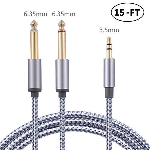 Bynccea 3.5mm to 이중 6.35mm Male 오디오 모노 Y-Cable 분배 [15FT], 엑스트라 Long 금도금 1/ 8 TRS to 1/ 4 TS Nylon Braided 케이블 호환가능한 with Amplifier, Mixer, Guitar, Volcas and 오디오 레코더