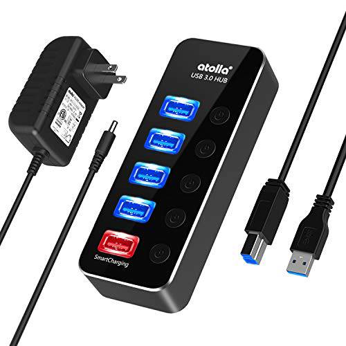 Powered USB 허브, atolla 알루미늄 5-PortUSB 3.0 허브 with 4 USB 3.0 Data Ports and 1 USB 스마트 충전 Port, USB 분배 with 5V/ 3A 파워 어댑터 and 개별 Switches