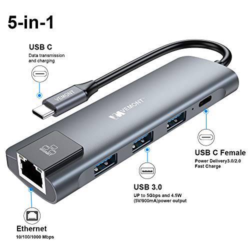 Vemont USB C 허브 5 인 1, USB C 어댑터 with 기가비트 Ethernet, 3 prots USB 3.0, 100W 파워 Delivery Charge, 호환가능한 con 맥북 Pro, and Other USB C 디바이스