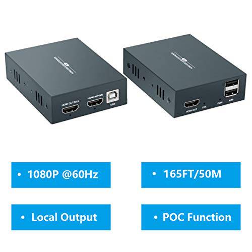 GREATHTEK HDMI KVM 연장 1080P @ 60Hz Over Single Cat5E/ 6/ 7 랜선, 랜 케이블 Up to 50m/ 165ft with 루프 Out& POC 함수 - USB 키보드 마우스 지지