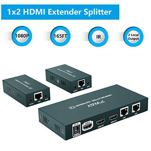 1x2 HDMI 연장 분배 1080p Over Cat5e/ Cat6/ Cat7 랜선, 랜 케이블 with 2 HDMI 루프  Out - 이상 to 50m/ 165ft - EDID 관리& Bi-Directional IR 리모컨, 원격& POC 기능 (1 인 2  Out/ 2-Port)