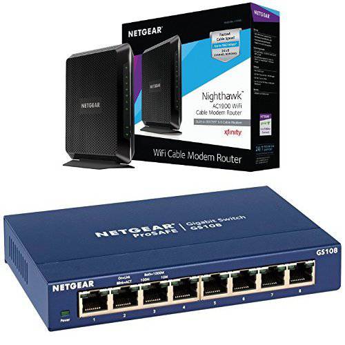 NETGEAR Nighthawk AC1900 (24x8) 와이파이 Cable모뎀 라우터,공유기 (C7000) DOCSIS 3.0 Certified for Xfinity Comcast, Time Warner 케이블,  Cox, &  더 번들,묶음 with NETGEAR ProSAFE GS108 8-Port 기가비트 데스트탑 Switch (GS108-400NAS)