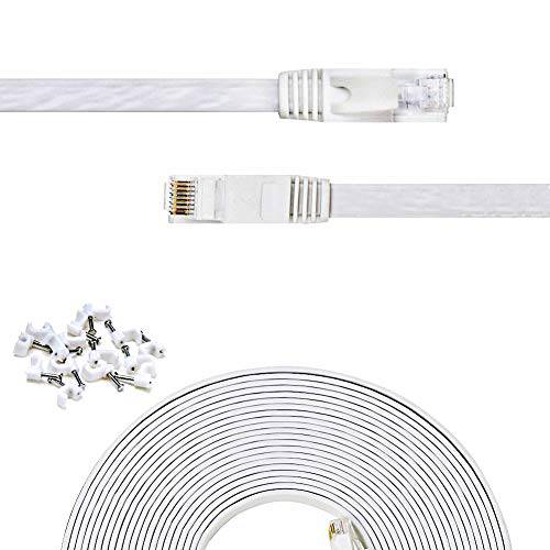Cat 6 랜선, 랜 케이블 100 ft Flat White, Solid Cat6 고속 컴퓨터 와이어 with 클립, 핀& Rj45 커넥터 for Router, Modem, 더빠른 Than Cat5e/ Cat5, (100ft, 1 Pack, White)