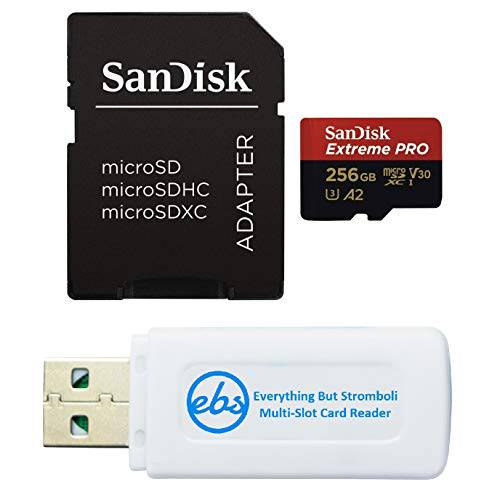 SanDisk Extreme 프로 256GB V30 A2 마이크로SDXC 메모리 카드 for DJI Works with Mavic 에어 2 드론 4K UHD U3 번들,묶음 with (1) Everything But Stromboli 마이크로SD 카드 리더,리더기