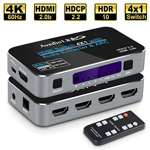 HDMI2.0b Switch 4x1 with 오디오 Extractor, avedio l인ks 4K@60Hz 4 Ports HDMI분배기, 모니터분배기 Box with 광학& 3.5mm 스테레오 오디오 Out, HDMI Switch 4 인 1 Out with Remote, 지지 ARC, HDCP2.2, 3D (Gray)