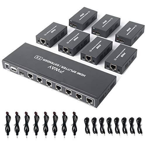 1080p 1x7 7 Port HDMI 연장기 분배 Over CAT6/ CAT6a/ CAT7 랜선, 랜 케이블 with an HDMI 루프 Out& Bi-Directional IR 리모컨, 원격 & EDID Management(1 in 7 Out) Up to 50m (165ft) at 1080p 60Hz