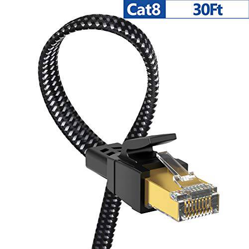 Cat 8 랜선, 랜 케이블 30 ft, Nylon Braided 내구성, 튼튼 고속 Cat8 케이블 보호처리된, Lastest 40Gbps 2000Mhz SFTP RJ45 랜 네트워크 패치 케이블, in 월, 아웃도어& 실내, for 라우터,공유기, PC, 게이밍, 모뎀