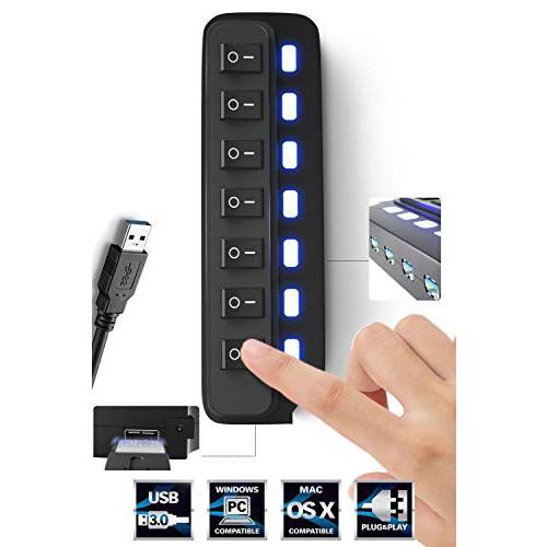USB 허브 3.0 분배, 7 Port USB Data 허브 with 개별 On/ Off Switches and 조명,라이트,무드등,수면등,취침등 for 랩탑, PC, 컴퓨터용, 모바일 HDD, Flash 드라이브 and More