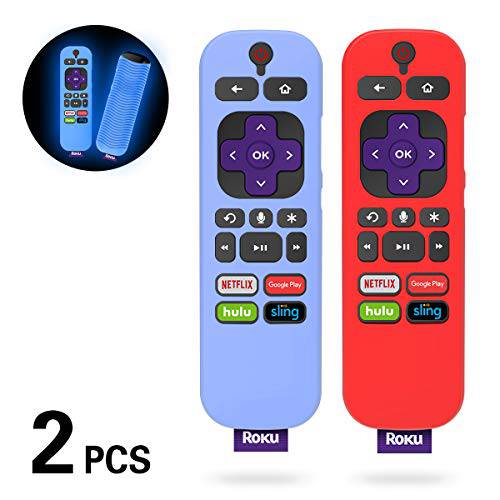 2 팩 실리콘 케이스 for TCL Roku TV Steaming 스틱 3600R 원격, 보호 범용 교체용 커버 for TCL Roku Steaming 스틱 3600R/ 3800/ 3900 원격 (Red+ 광택 Blue)