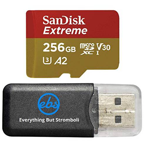 SanDisk Extreme 256GB V30 A2 마이크로SDXC 메모리 카드 for DJI Works with Mavic 에어 2 드론 4K 8K 번들,묶음 with (1) Everything But Stromboli 마이크로SD 리더,리더기