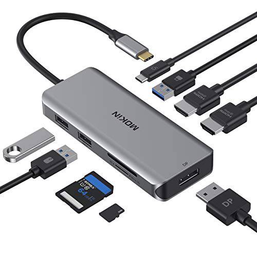 USB C 허브, 9 in 1 USB C to 이중 HDMI 변환기 for 맥북 Pro, 트리플 디스플레이 USB C 도킹 스테이션 맥북 맥 동글 with 2 HDMI(4K @60Hz), 디스플레이Port,DP, 3 USB, 100W PD, SD/ TF 카드 리더,리더기