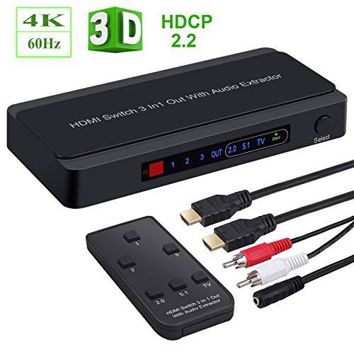 LiNKFOR 4K@60hz HDMI Switch 3 in 1 Out 3 Ports HDMI Switch HDMI 오디오 압출 with IR Remote 지원 HDMI to Toslink SPDIF 동축, Coaxial,COAX RCA 오디오 Out HDMI 2.0b HDCP 2.2 3D for 파이어 Stick PS3 PS4
