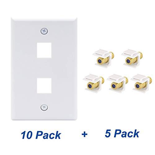 VCE 10-Pack 2-Port Keystone 벽면 Plate 번들,묶음 with 5-Pack 3 GHz Gold-Plated RG6 동축, Coaxial,COAX Keystone Jack 인서트