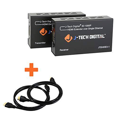 J-Tech 디지털 HDMI 확장기 by 싱글 고양이 5E/ 6/ 7 풀 Hd 1080P, EDID 복사, Dolby 디지털/ DTS with HDMI 2.0 케이블 3ft- 2 팩