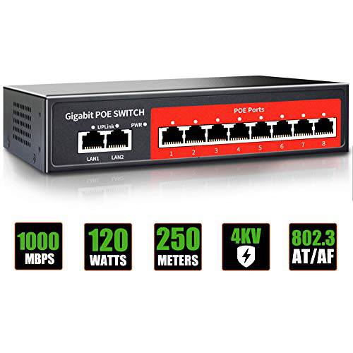 8 Port 기가비트 PoE Switch with 2 기가비트 Uplink, 802.3af/ at Compliant, 120W Built-in 파워, Extend to 250Meter, Unmanaged 메탈 Plug and Play