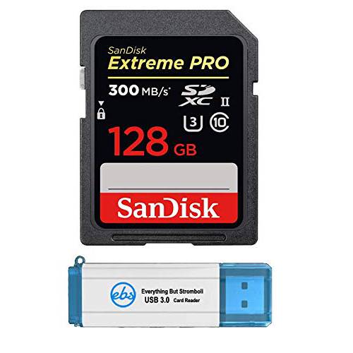 SanDisk Extreme 프로 UHS-II 128GB SD 카드 for 후지필름 카메라 Works with X-T4, X-Pro3 카메라 (SDSDXPK-128G-ANCIN) U3 Class 10 300MB/ s 번들,묶음 with (1) Everything But 스트롬볼리 3.0 SD 메모리 카드 리더,리더기