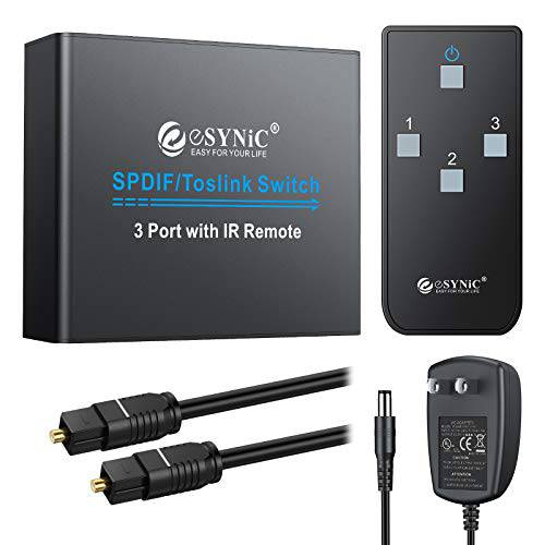 eSynic 3 Port Toslink Switch 디지털 Optical 오디오 변환기 3X1 with IR 리모컨, 원격 알루미늄 Alloy SPDIF 변환기 3 In 1 Out with 6.6ft Optical 케이블 support PCM2.0 5.1CH DTS AC3