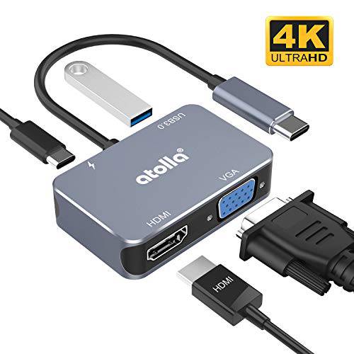 USB C 허브, atolla 4-in-1 USB C 허브 to HDMI 어댑터 4K@30Hz HDMI Port+ 1080P VGA Port+ USB 3.0 고속 Port+ 60W 파워 Delivery Port with 맥북 프로 2019/ 2018 and Other 타입 C 디바이스