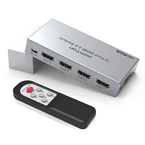 HDMI Switch 4 Ports, AVMTON 4K HDMI Switch 분배기, HDMI 변환기 셀렉터 4 in 1 Out, HDMI 2.0 Switch 박스 4×1 with IR Remote support 4K@60Hz HDCP2.2 울트라 3D 2160P 1080P for TV, PS3/ 4, X 박스, 파이어 Stick